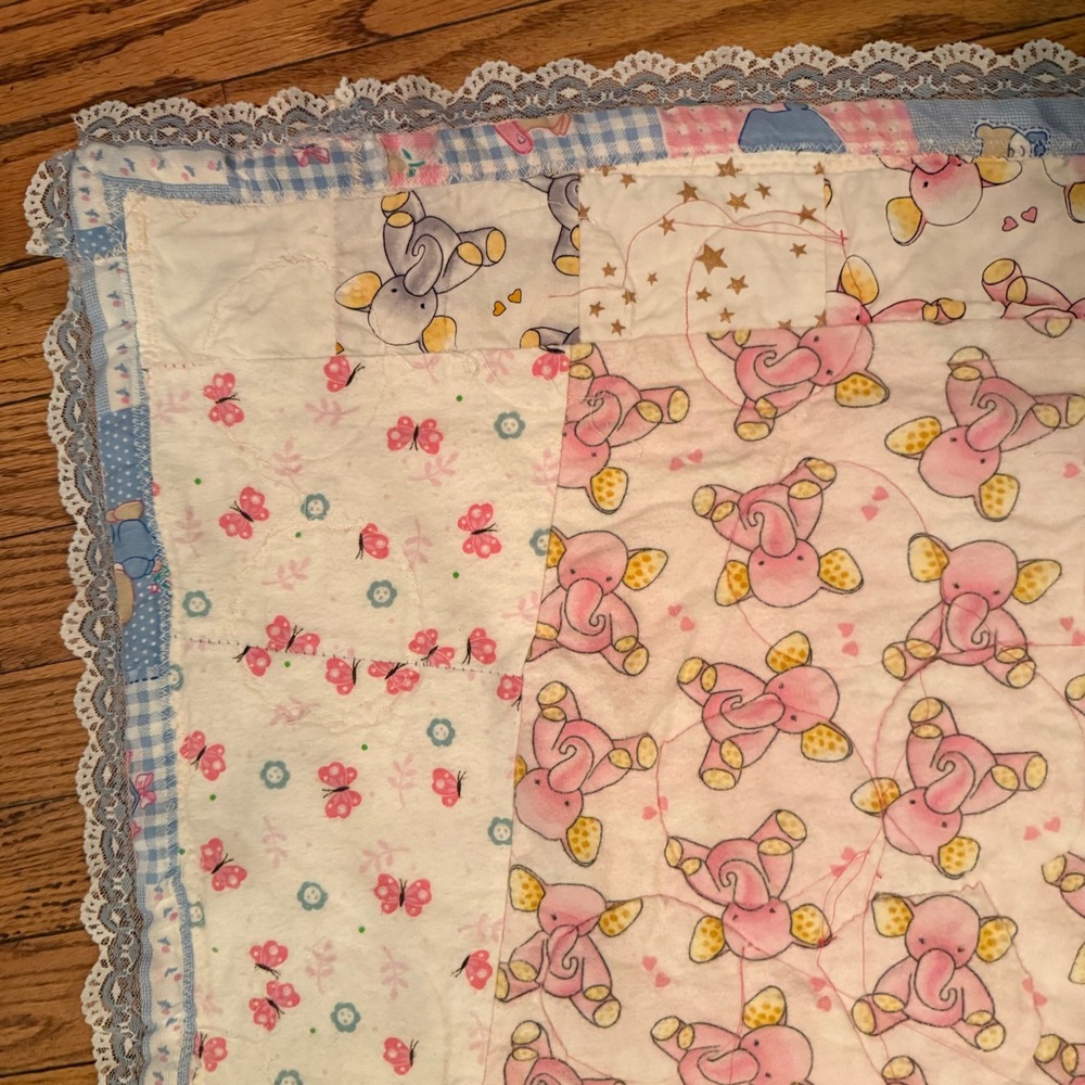 1.a.0.0.7.d Handmade Baby Quilt Pink Elephant Fox Butterfly Patchwork Lace Trim
